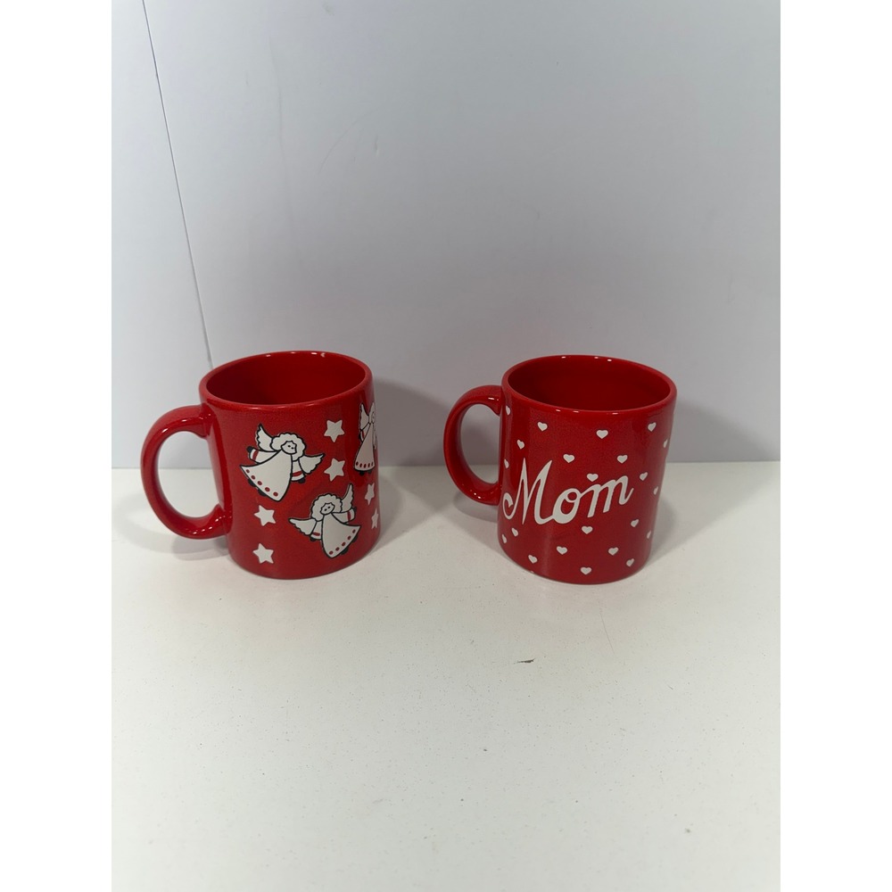 Waechtersbach West Germany Red Ceramic Mug Set Mom Hearts and Angels Stars 2pc